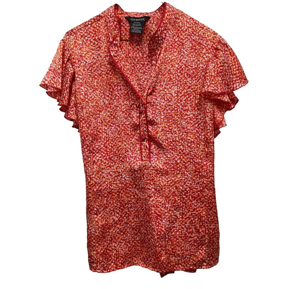 VTG Y2K George Artsy Blouse Top XL Red Abstract Tie Back Flutter Sleeve Office